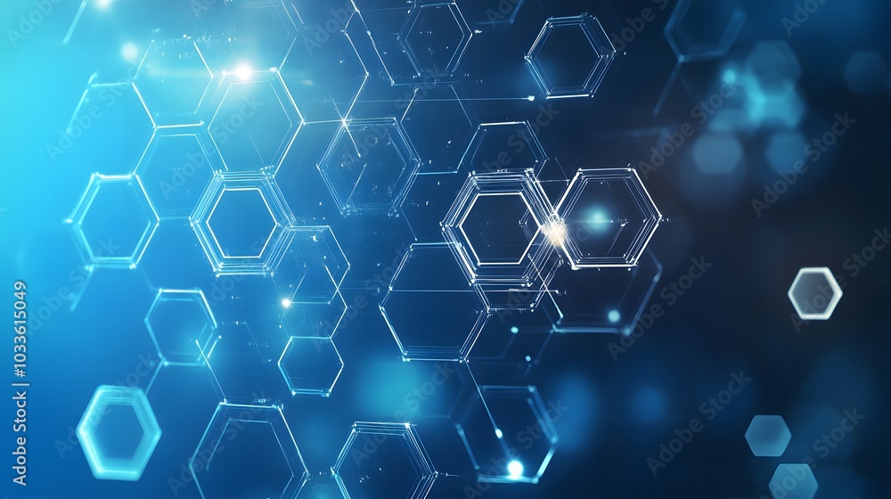 Poster abstract 3d hexagon pattern with glowing edges on a blue background