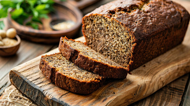 Healthy breakfast recipe. Gluten free, dairy free homemade food. Vegan banana bread loaf sliced on a wooden cutting board. 