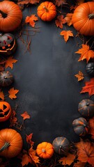 Halloween banner with pumpkins, autumn leaves, and dark empty space