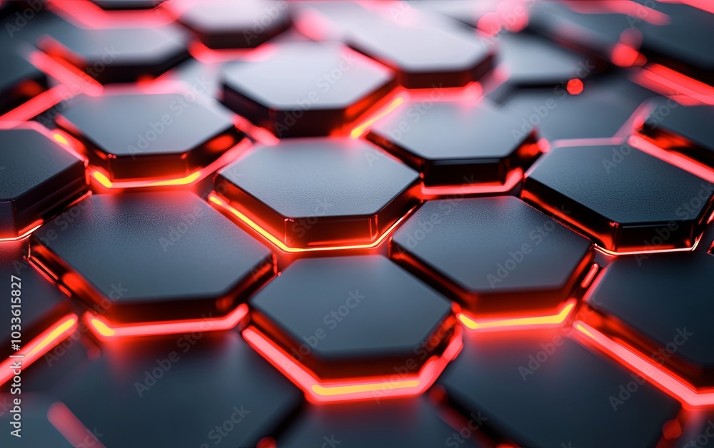 Poster a close-up of hexagonal tiles with glowing red edges, creating a futuristic, tech-inspired design.