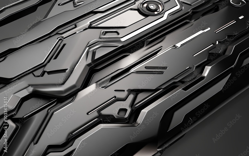 Poster a close-up view of sleek, futuristic metallic surfaces with intricate patterns and textures.