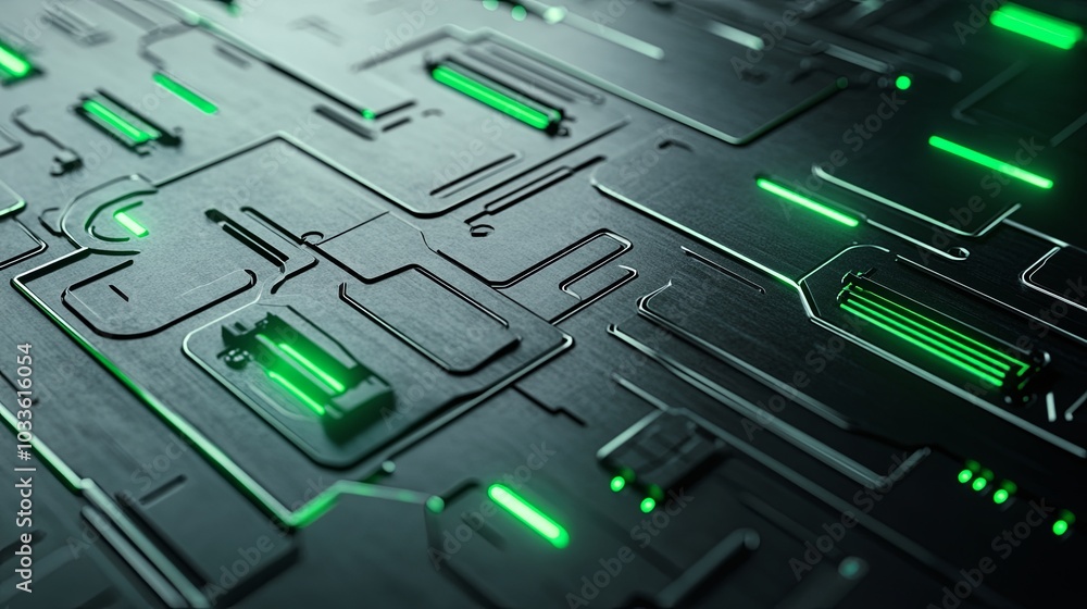 Aufkleber a close-up view of a high-tech circuit board with glowing green elements.