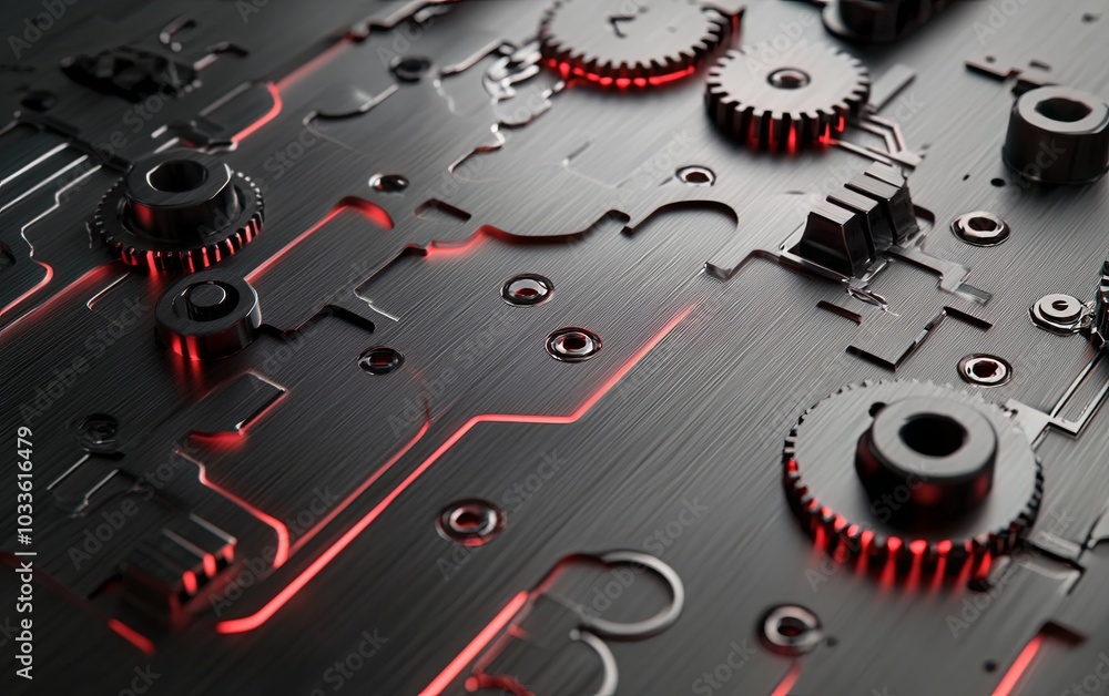 Poster a close-up view of a futuristic circuit board with gears and glowing lines, emphasizing technology d