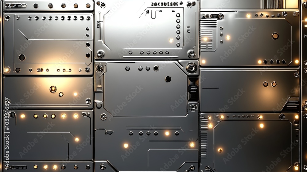 Poster a close-up view of metallic circuit board panels with illuminated connections and patterns.