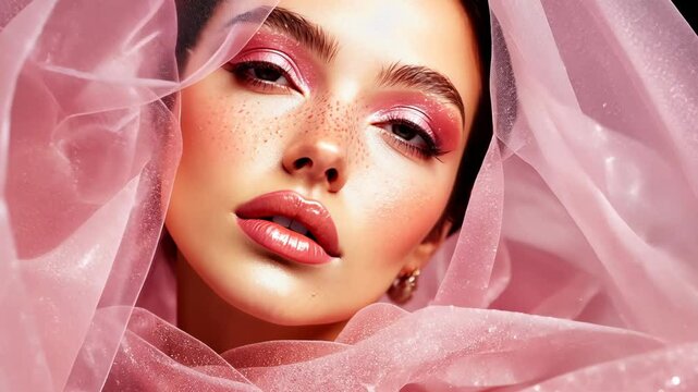 A woman with pink eyeshadow and a sheer pink veil over her face looks directly at the camera