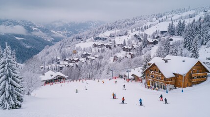 Winter Sports Activities at a Ski Resort with Skiers and Snowboarders