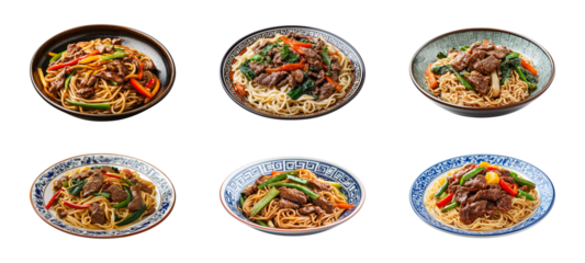 noodles with beef and vegetables on a traditional plate isolated on a transparent or white background, cut-out, PNG