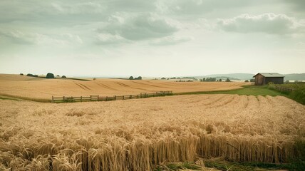 Fototapeta premium Wheat field under cloudy sky, showcasing rural landscape and farming life in tranquil setting 