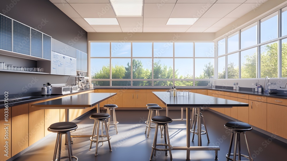 Poster modern laboratory classroom with large windows and workstations