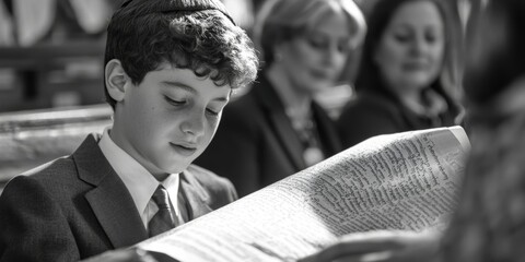 Young Boy Reading from the Torah During His Bar Mitzvah Ceremony Proud Family Members Watching
