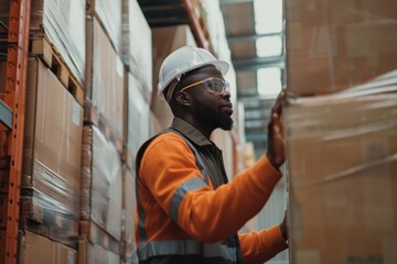 Containerized warehouse worker inspecting hardhat pallet helmet.