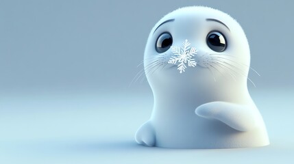 A 3D rendering of a cute, cartoon seal with a snowflake on its nose.