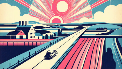 A stylized, retro illustration of a car driving down a long country road, with fields, a farmhouse, and a bright sunburst in the background, evoking a nostalgic feel