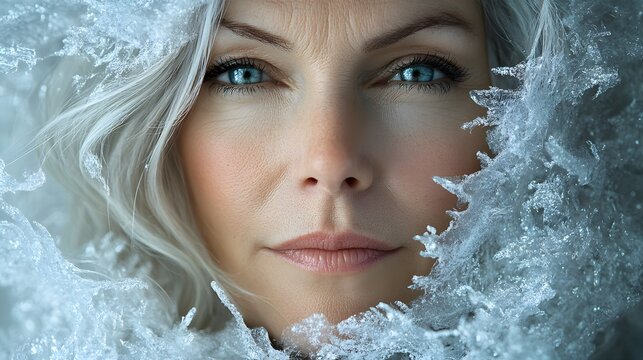 Woman with silver hair and gentle wrinkles, transforming into a vibrant, younger self, smooth skin and glowing eyes, a visual journey of time