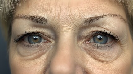 Senior woman's eyes close-up, showing wrinkled, sagging eyelids in the before state, and refreshed, youthful, lifted eyes in the after transformation