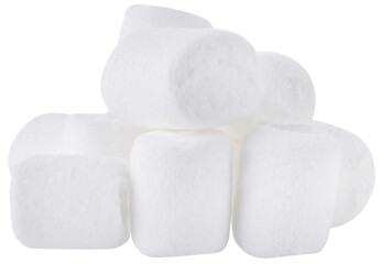 Pile white mini marshmallows isolated on a transparent background. Completely in focus.