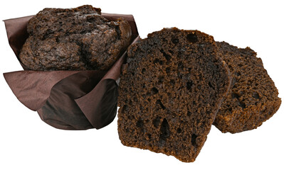 Delicious chocolate muffin in brown paper isolated on a transparent background. Completely in focus.