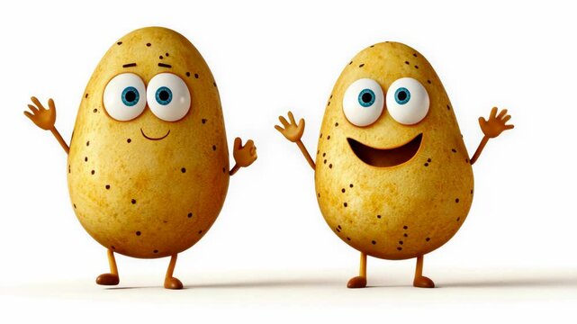 Two cartoon potatoes are waving hello to each other on a white background