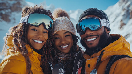 Happy people family friends enjoying luxury winter vacation at snowy ski resort