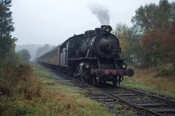 Fototapeta premium Vintage steam train on foggy day, misty rural scene
