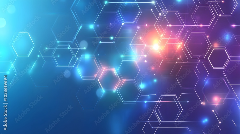 Poster abstract blue and purple hexagon pattern with glowing lines and dots