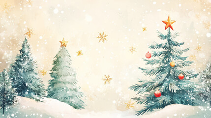 Aesthetic Christmas retro card with new year tree, watercolor hand-painted in pastel colors. Copy space. Generative AI
