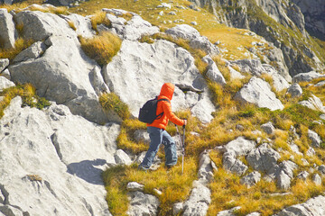 Autumn mountain walks: a hiker walking up a mountainside on a sunny day. A man with bad knees uses...