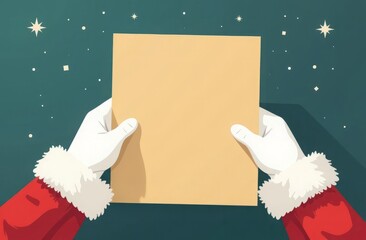 Top view, a piece of paper in the hands of Santa Claus. The hands are wearing white gloves. Mock up