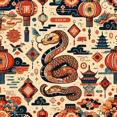Obraz premium Seamless pattern with Asian elements on color background for happy Chinese new year of the snake 2025, flyers, poster and banner