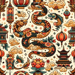 Seamless pattern with Asian elements on color background for happy Chinese new year of the snake 2025, flyers, poster and banner