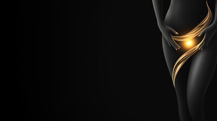 Naklejka premium A sleek black silhouette of a woman's body with a glowing golden orb symbolizing pregnancy, wrapped in elegant golden waves, set against a dark background for a minimalist, futuristic look