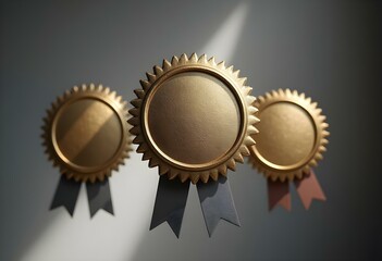 Fototapeta premium three blank gold badges with wide ribbons in vibrant colors, suspended in mid-air with a soft shadow on a blurred gradient background create with ai