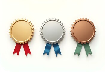 three blank badges in gold, silver, and bronze, each with a distinct ribbon in red, blue, and green, set against a plain white background create with ai