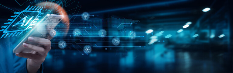 Businessman using smartphone with artificial intelligence on network connection. Predictive analytics, data-driven insights, AI algorithms, real-time analytics, deep learning technology.