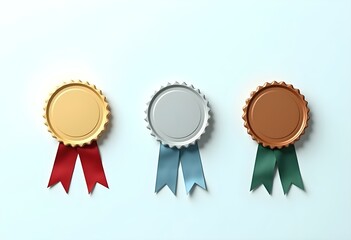 three blank badges in gold, silver, and bronze, each with a distinct ribbon in red, blue, and green, set against a white background create with ai