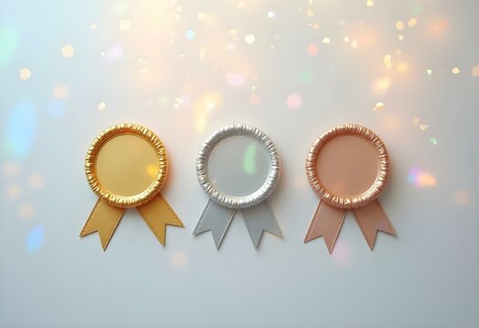 three blank gold, silver, and bronze badges with bold ribbons in metallic shades, arranged in a triangular formation on a light gray background create with ai