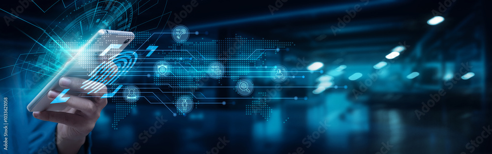 Poster businessman using smartphone with biometric authentication on network connection. biometric data, id