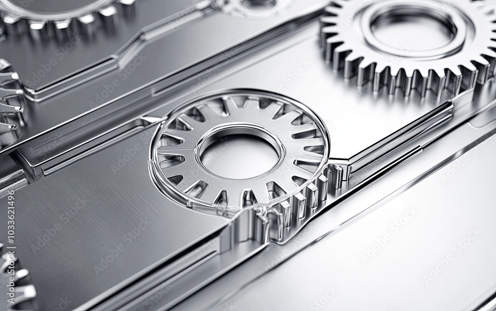 Poster a close-up of interlocking metallic gears, emphasizing precision and mechanical design.