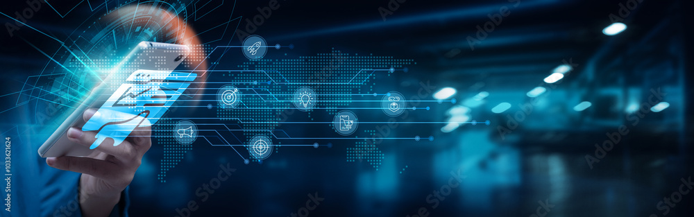 Poster businessman using smartphone with digital marketing strategies on network connection. search engine 