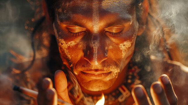 Indians smoking pipe of peace cigarettes smoke