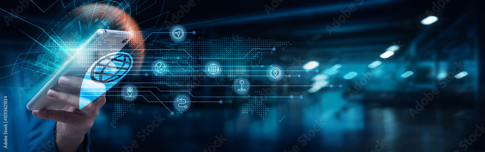 Poster businessman using smartphone with geographic information systems (gis) on network connection. analyz