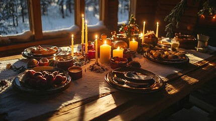 A festive winter solstice dinner table in a snowy cabin, with candles and traditional foods, warm candlelight reflecting off the tableware