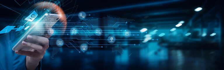 Businessman using smartphone with network connectivity on network connection. Algorithm development, data transmission, communication protocols, resource sharing, network technology.