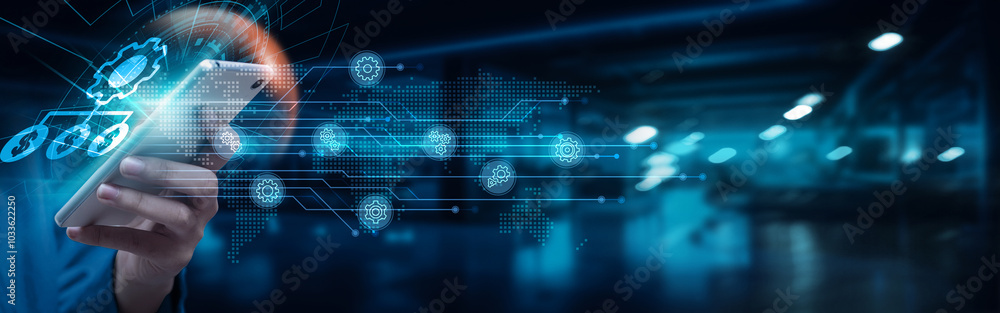 Poster erp. businessman using smartphone with erp software on network connection. inventory management, fin