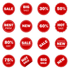 Red blank promo stickers set. Starburst, graphic, sunburst, shine, stamp, decoration, sunshine, glitter symbol.  Vector design element great for retro style projects.