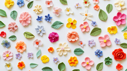 Floral pattern featuring delicate flowers made of polymer clay in pastel colors. Light background. Generative AI