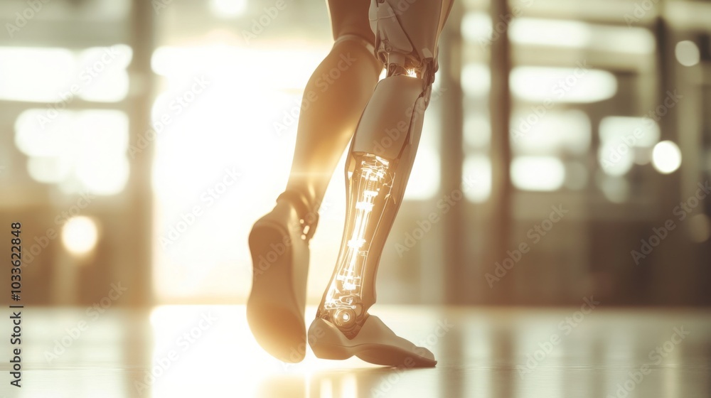 Poster A robotic leg seamlessly strides forward, showcasing advanced technology and engineering. The warm sunlight enhances the metallic finish, creating an inspiring view of innovation in a modern setting.