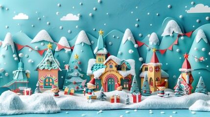 Obraz premium Enchanting winter wonderland village with snowy landscape colorful holiday houses festive lights and whimsical like Santa reindeer and gifts Cozy and magical Christmas scene
