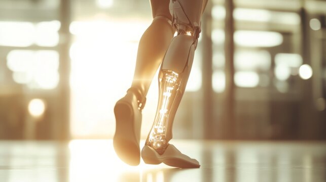 A robotic leg seamlessly strides forward, showcasing advanced technology and engineering. The warm sunlight enhances the metallic finish, creating an inspiring view of innovation in a modern setting.
