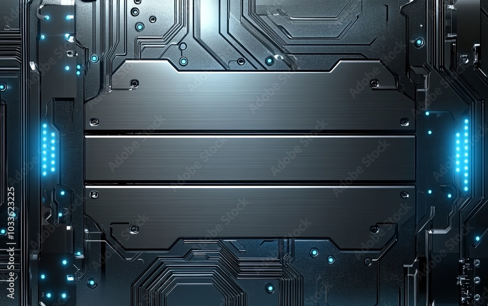 Aufkleber a futuristic circuit board design with metallic textures and glowing elements, ideal for tech themes